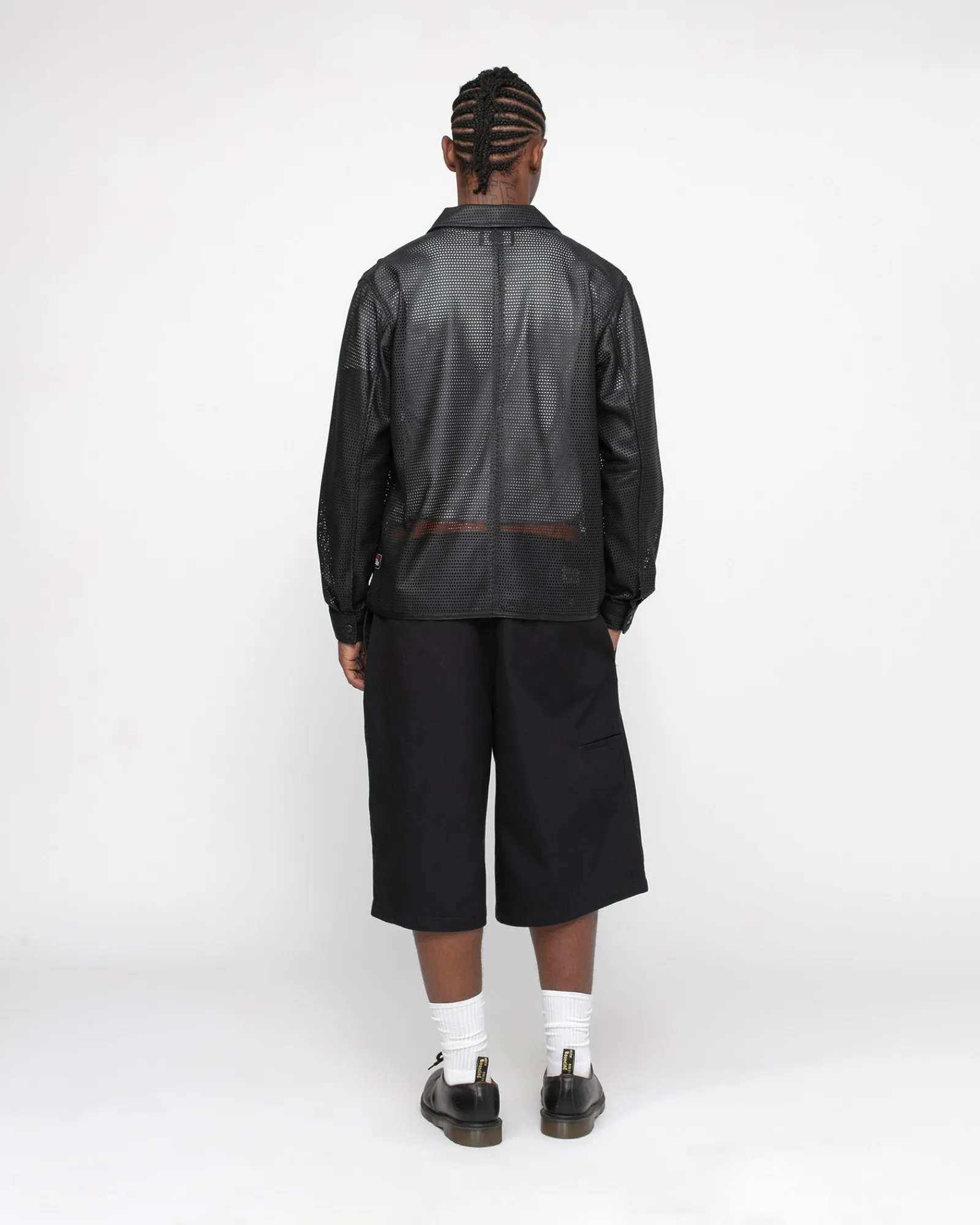 Shirts>Stüssy ZIP SHIRT PERFORATED LEATHER Black
