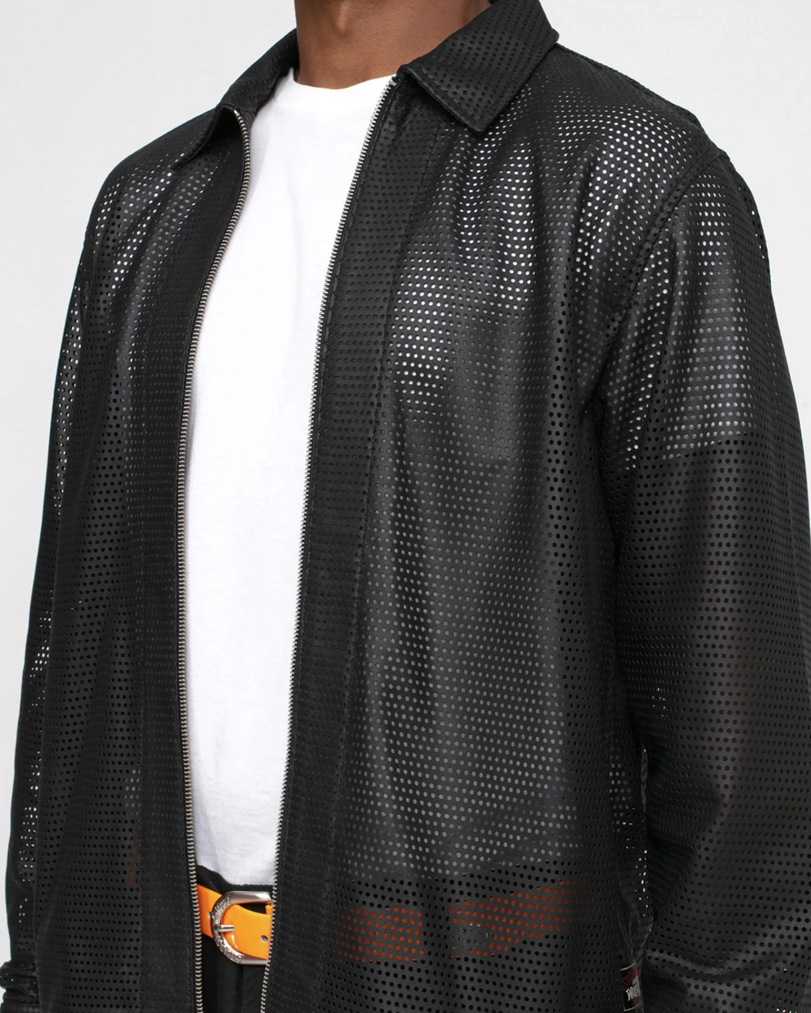 Shirts>Stüssy ZIP SHIRT PERFORATED LEATHER Black