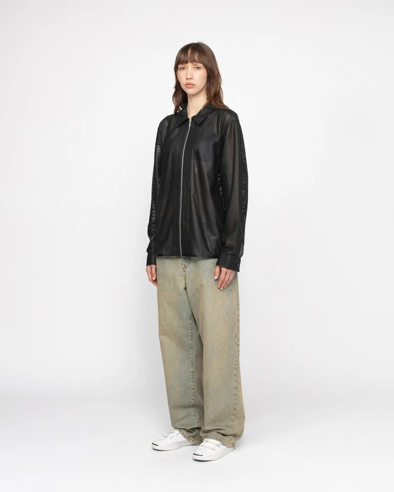 Shirts>Stüssy ZIP SHIRT PERFORATED LEATHER Black